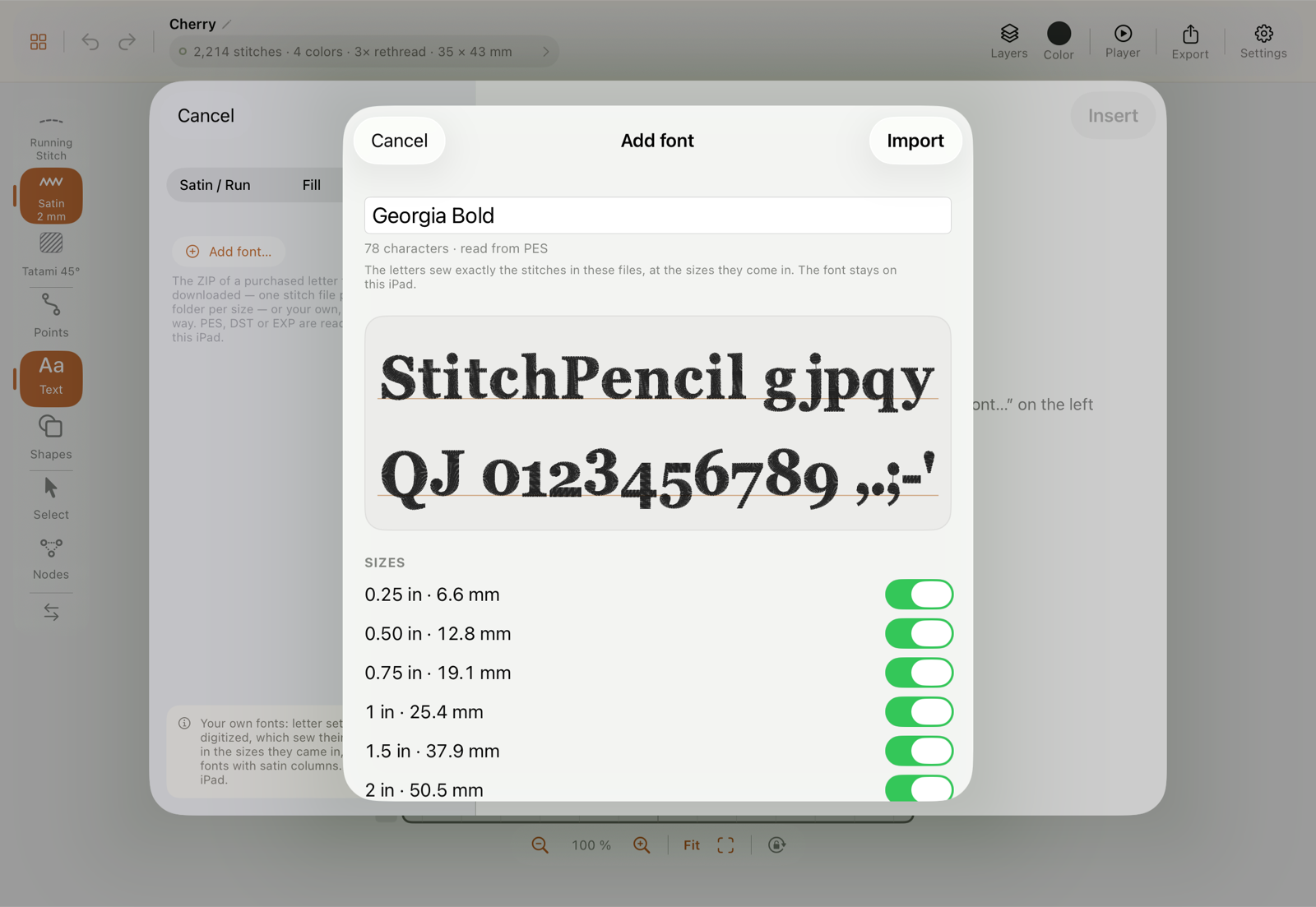 The overview before a purchased letter set is imported: name, format read, two sample lines on the baseline and the sizes
