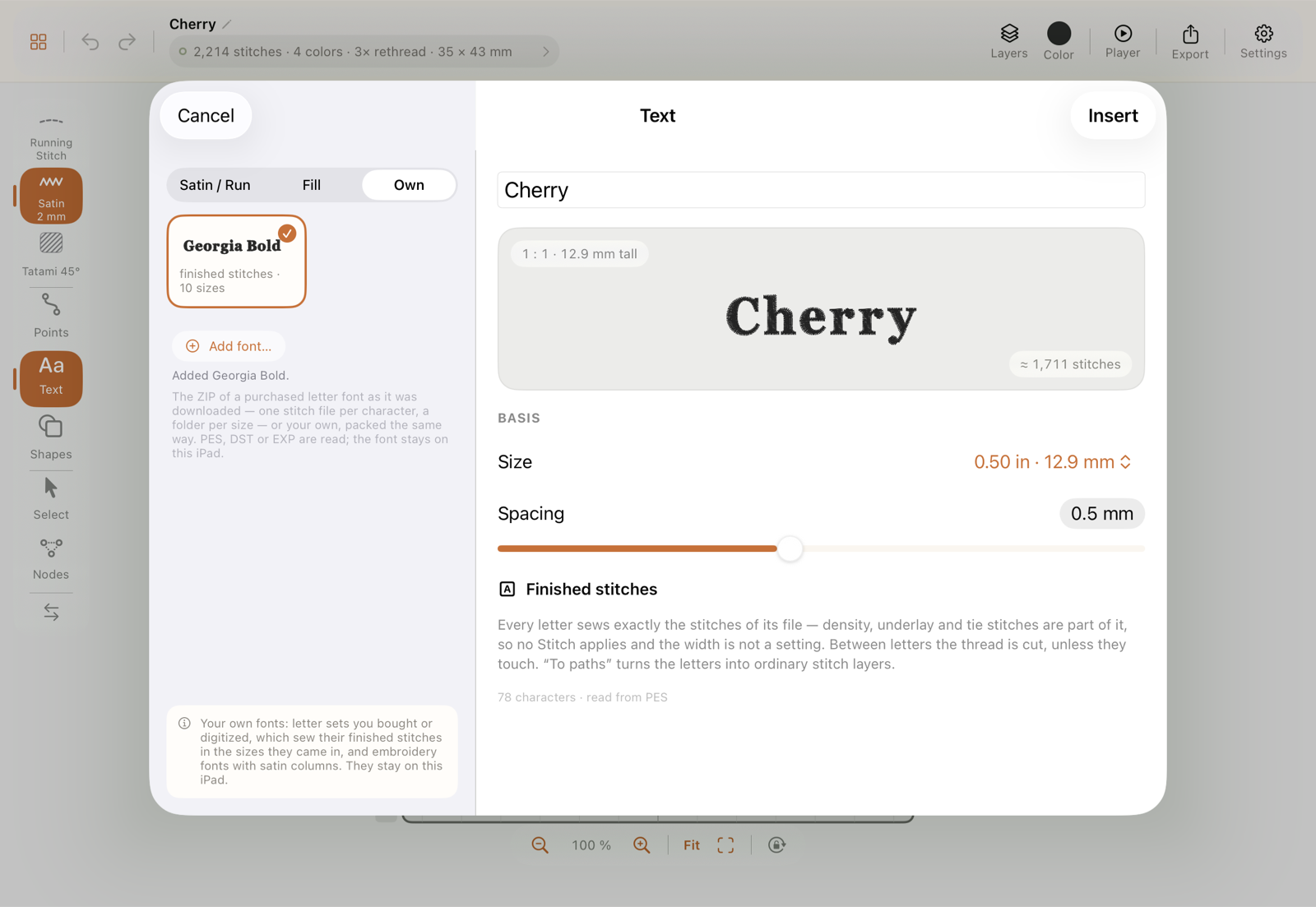 The Own tab with an imported font: sizes instead of a Height slider, and the note on finished stitches
