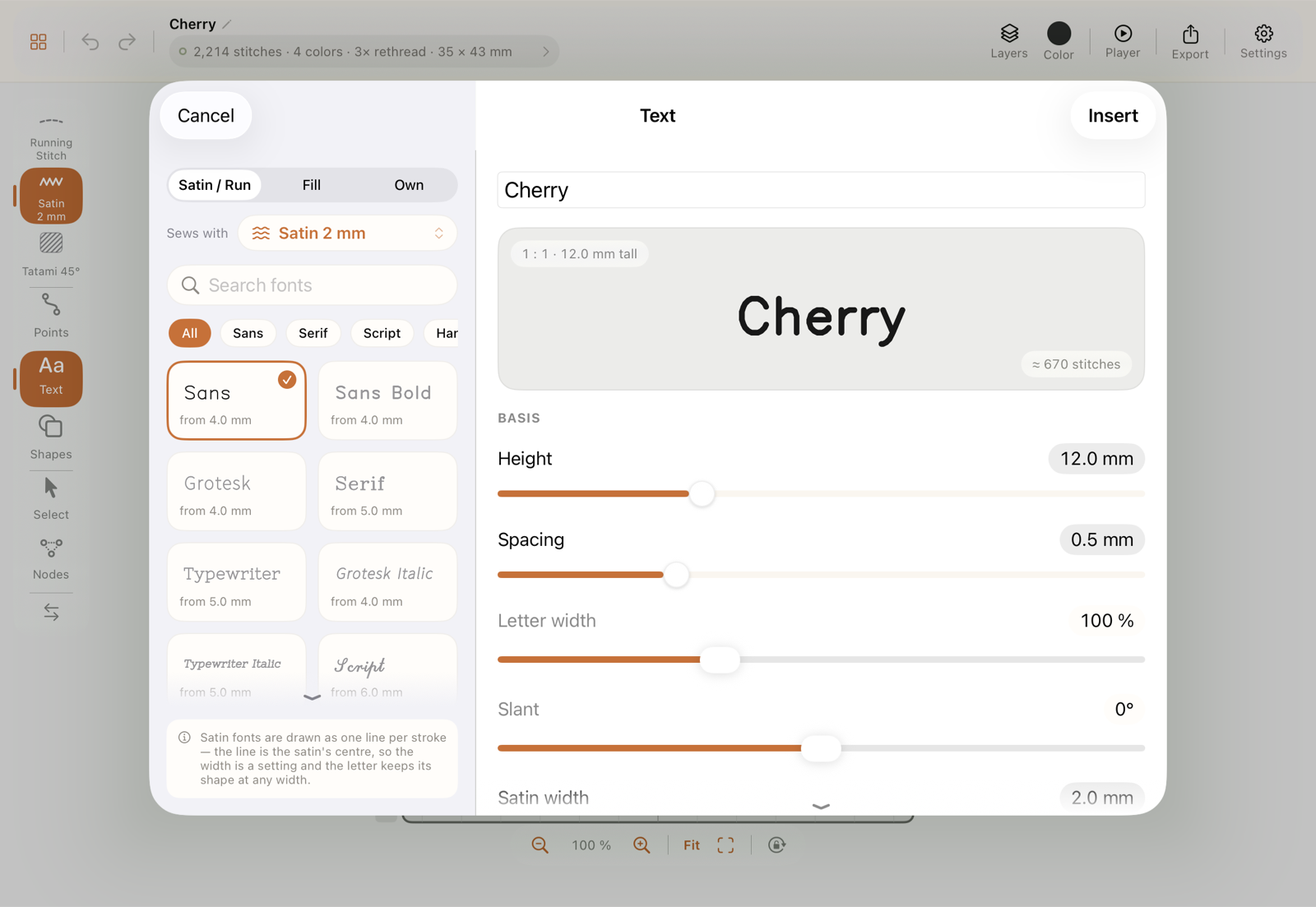 The Text sheet with the Satin / Run, Fill and Own tabs, the “Sews with” menu and the preview of a word
